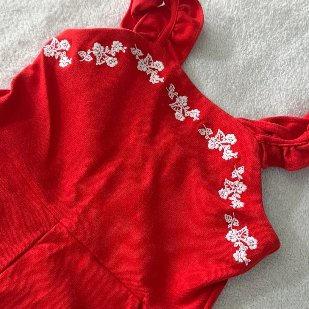 Janie and Jack | Red Embroidered Romper with Ruffle Hem | 5